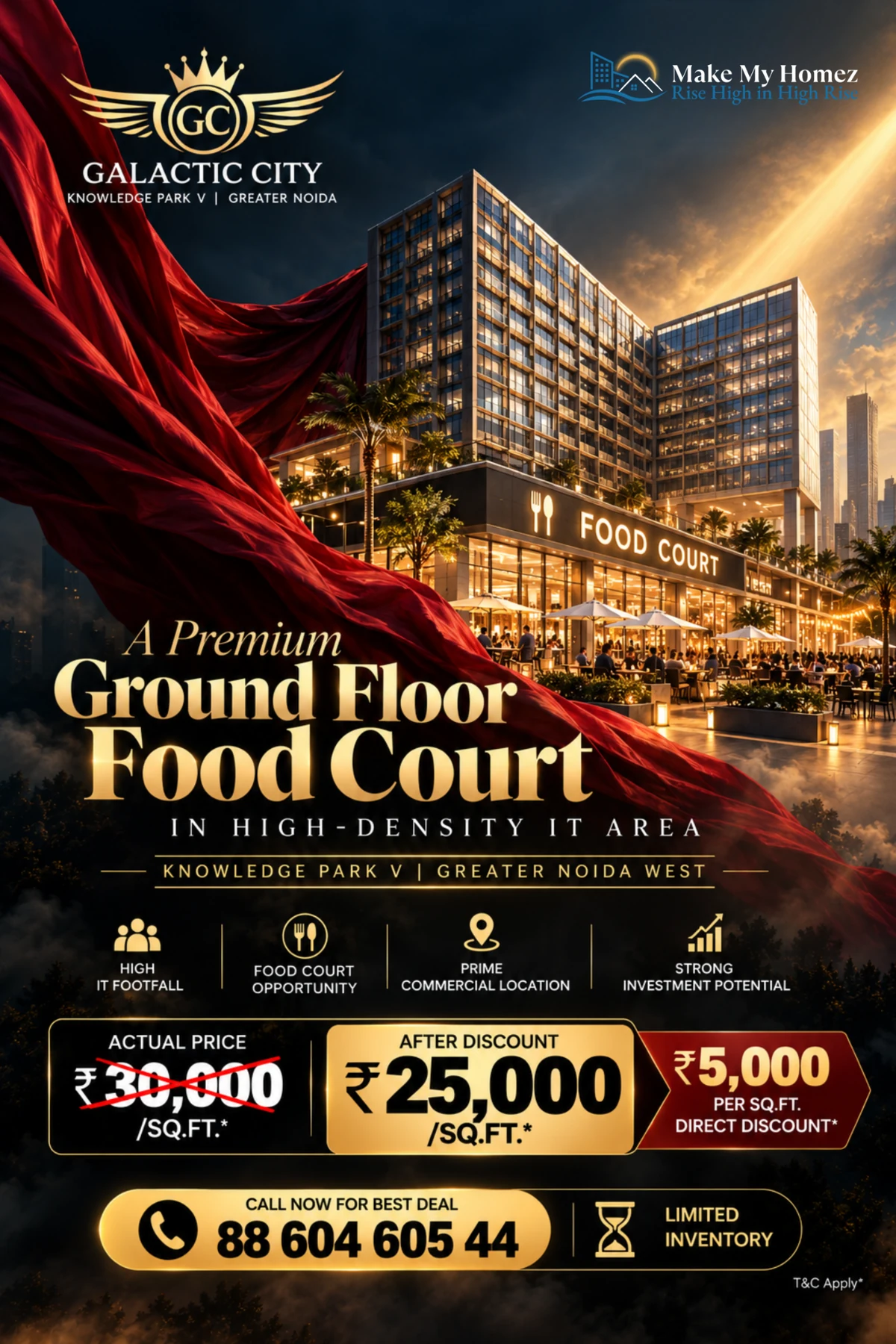 Galactic City food court offer showing discounted ₹25,000 per square foot price